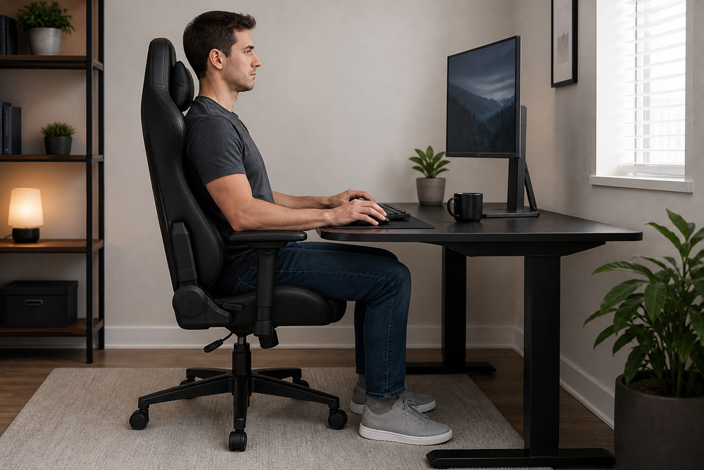 Person sitting upright at a desk in a gaming chair with monitor, keyboard, and neutral home office setup