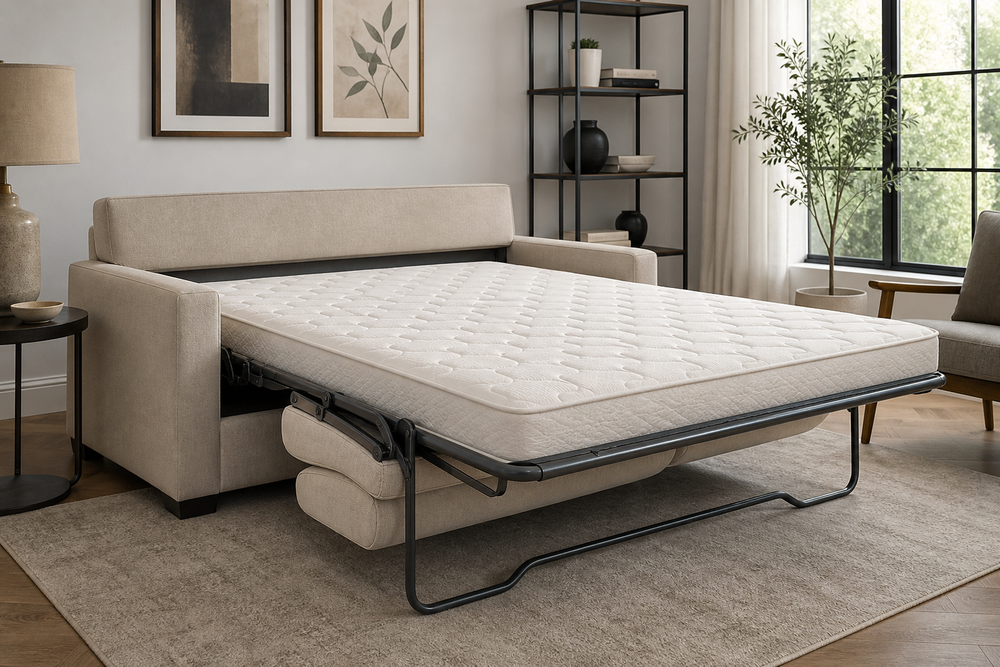 Modern sleeper sofa opened into a bed in a living room