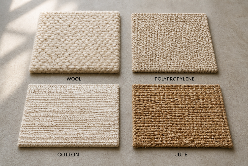 Four area rug material swatches showing wool, polypropylene, cotton, and jute textures side by side on a neutral floor.