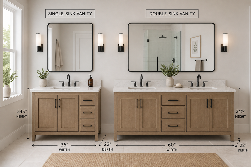 Single-sink and double-sink bathroom vanities shown side by side with dimension labels.