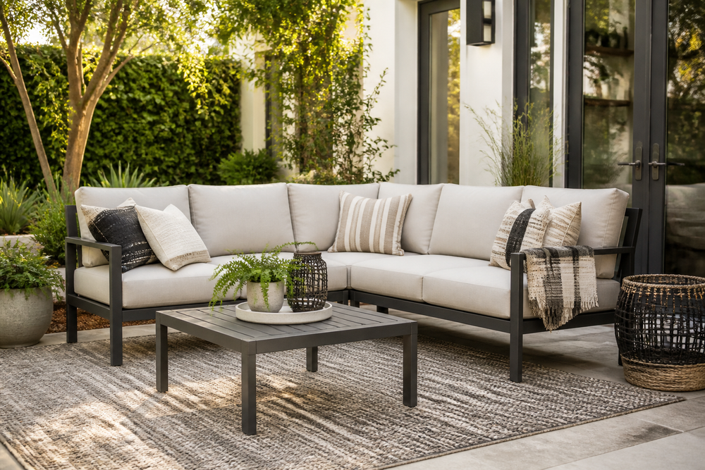 Outdoor patio sofa with a dark metal frame, thick beige cushions, and a coffee table on a styled patio