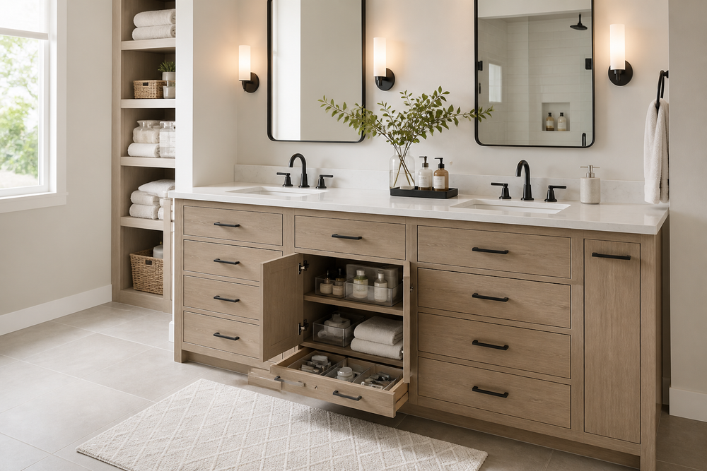 Bathroom vanity with drawers, cabinet storage, towels, and organized toiletries in a family bathroom.