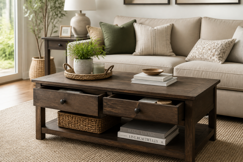 Coffee table with storage in front of a sofa in a living room.