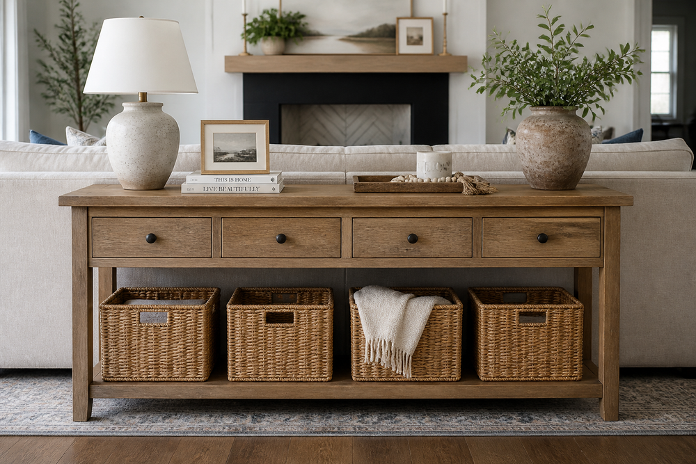 Console table with drawers and a lower shelf behind a sofa in a living room