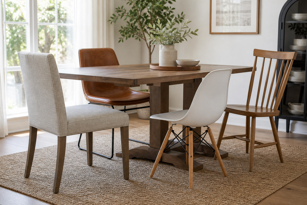 Four different dining chair styles around a dining table in a bright room.