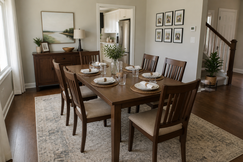 Rectangular wood dining table and matching chairs set in a family dining room