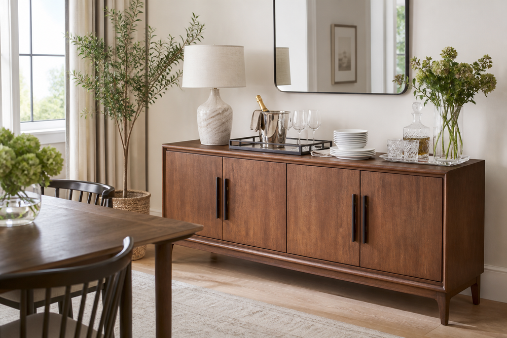 Wood dining sideboard in a dining room with serving dishes, plates, and glassware on top