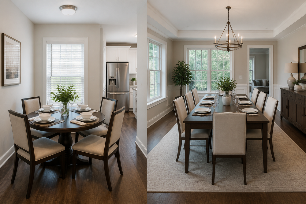 Compact round dining table set in a small dining nook beside a larger rectangular dining table set in a spacious dining room.