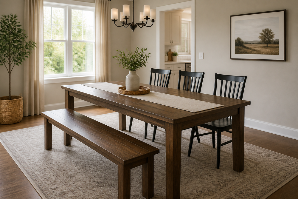 Rectangular dining table set with one bench and chairs in a dining room.