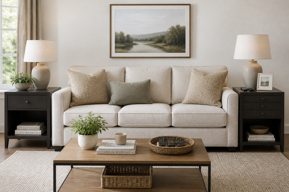 Living room with a sofa and two end tables with drawers and shelves holding books and a lamp