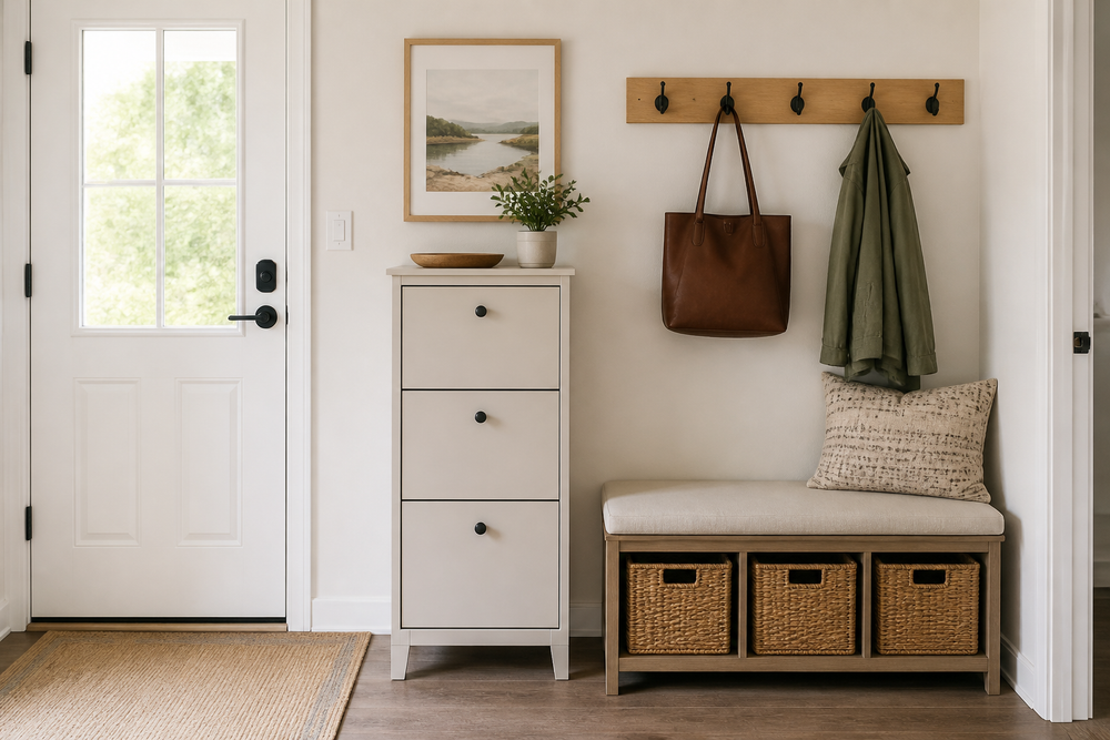 Entryway with a storage bench, shoe cabinet, hooks for bags, and a small surface for keys