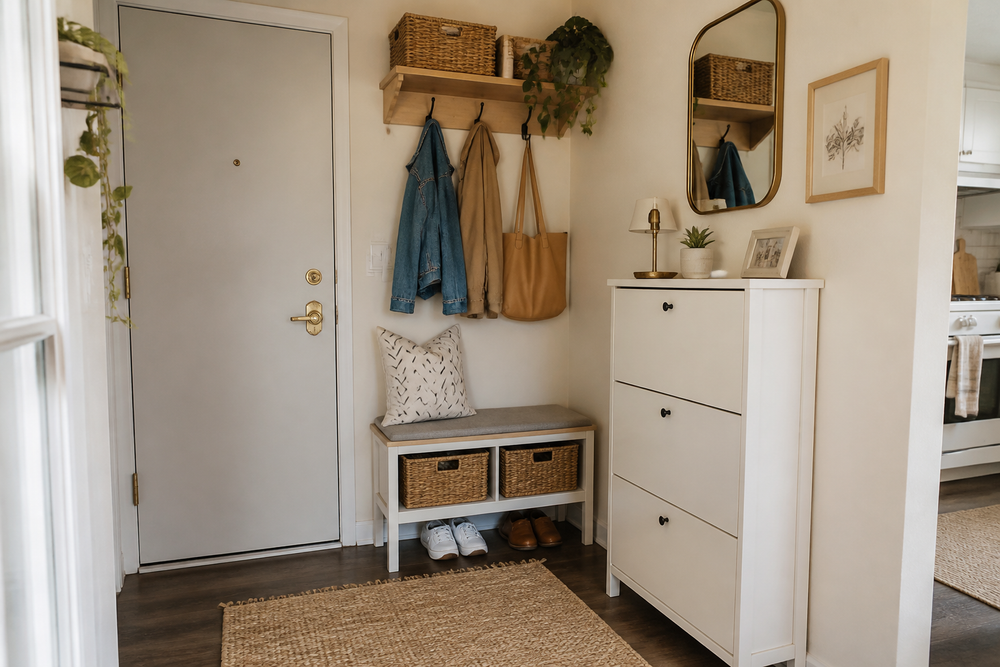 Small apartment entryway with a slim shoe cabinet, storage bench, wall hooks, and baskets