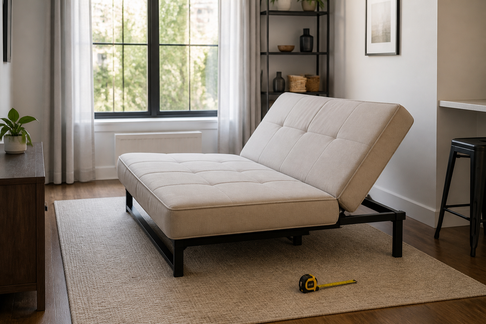 Compact futon in a small apartment living room with open floor space around it