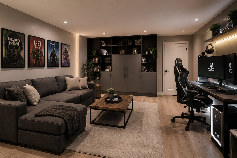 Game room with sectional sofa, gaming chair, coffee table, and storage cabinet