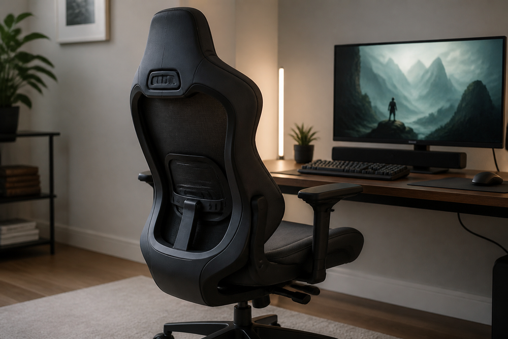 Ergonomic gaming chair at a desk setup with visible lumbar support and adjustable armrests.