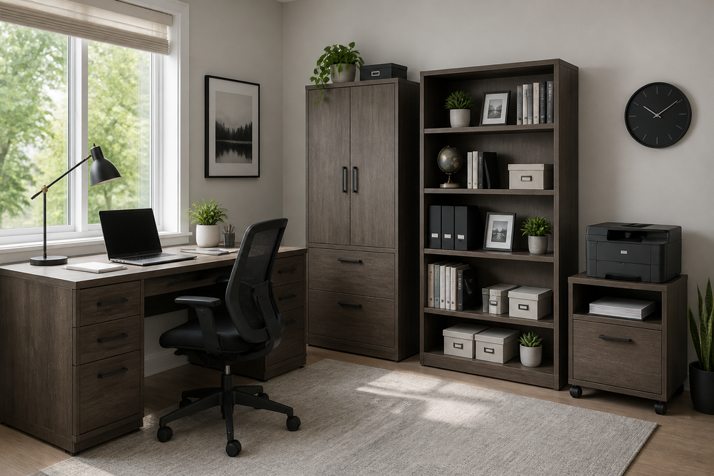 Organized home office with a desk, storage cabinet, bookcase, and printer stand