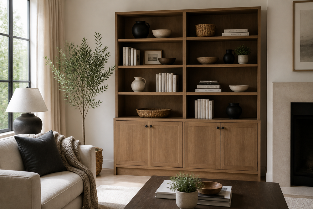 Living room cabinet with closed storage below and display shelves above