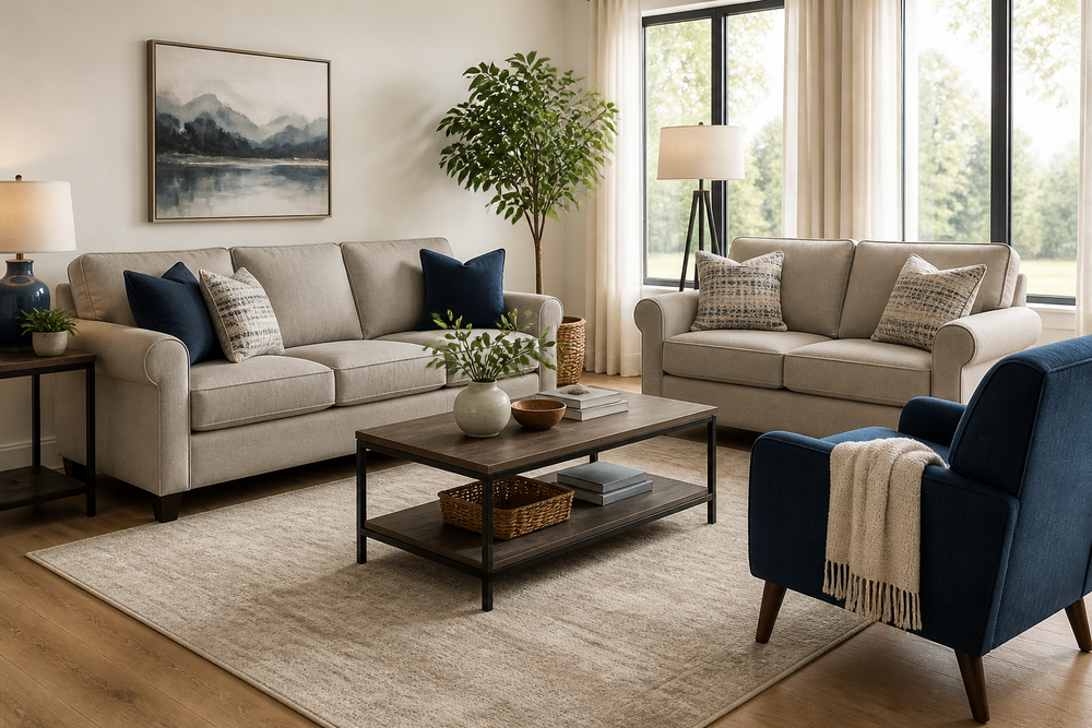 Coordinated living room with a sofa, loveseat, coffee table, rug, and accent chair arranged for a simple room makeover