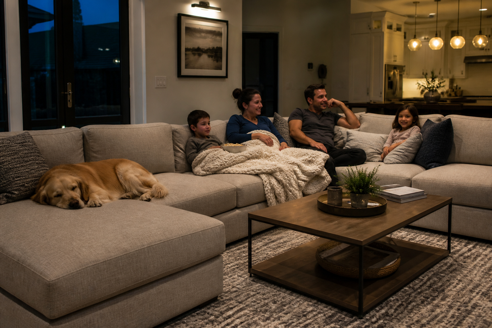 Family living room with a large sectional sofa, coffee table, and a dog resting near the seating area