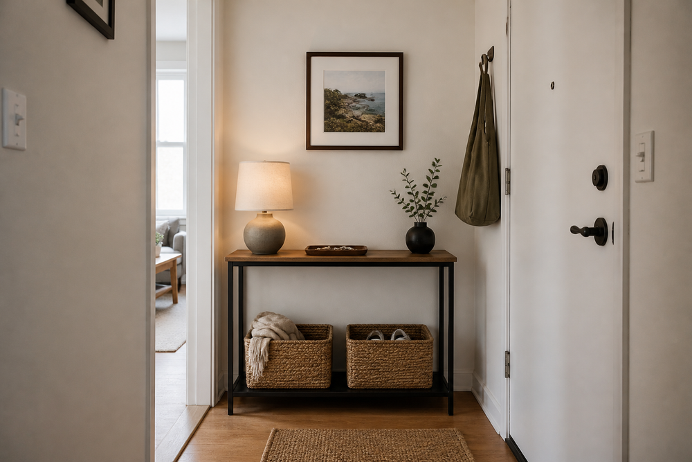 A slim console table styled in a small entryway with wall mirror, lamp, tray, and baskets beneath