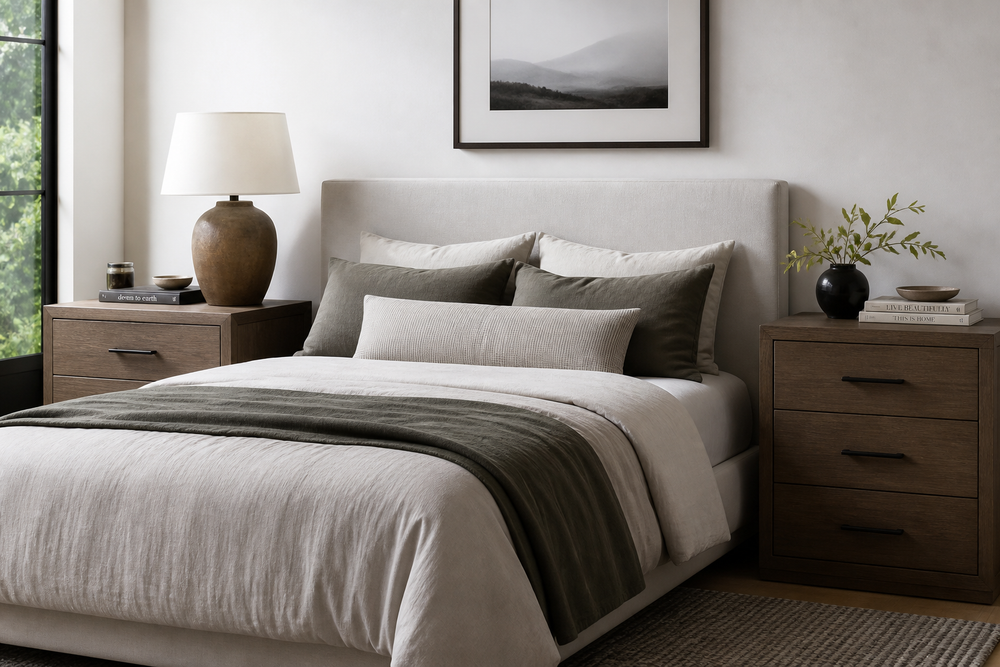 Modern bedroom with two matching nightstands with storage beside a bed