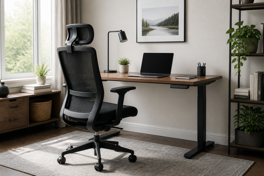 Ergonomic office chair at a home office desk with a laptop