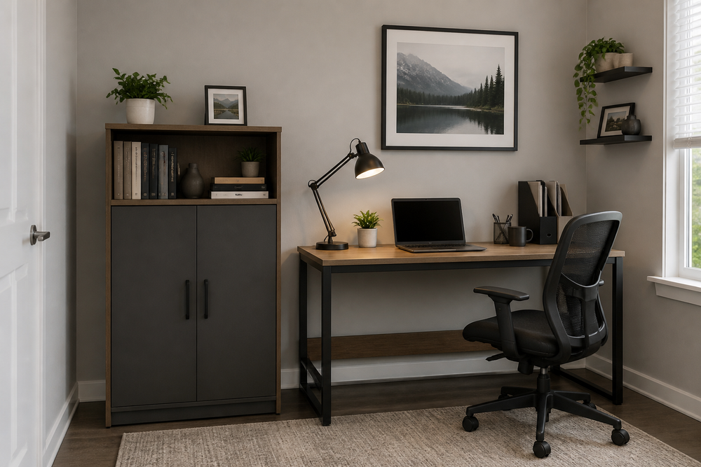 Small home office with a desk and a compact storage cabinet beside it
