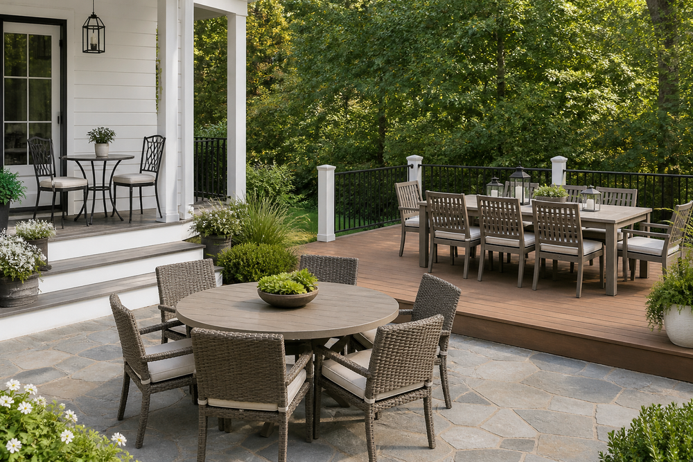 Outdoor dining sets on a porch, patio, and deck with different table sizes and chair layouts