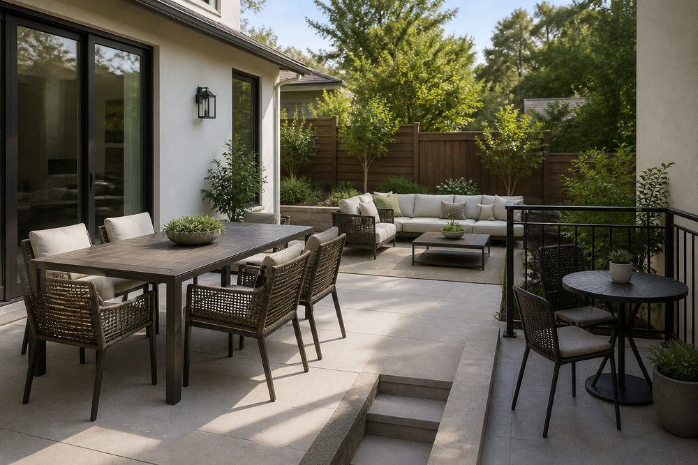 Outdoor patio with a dining table, a lounge coffee table, and a small round bistro table in separate seating areas.
