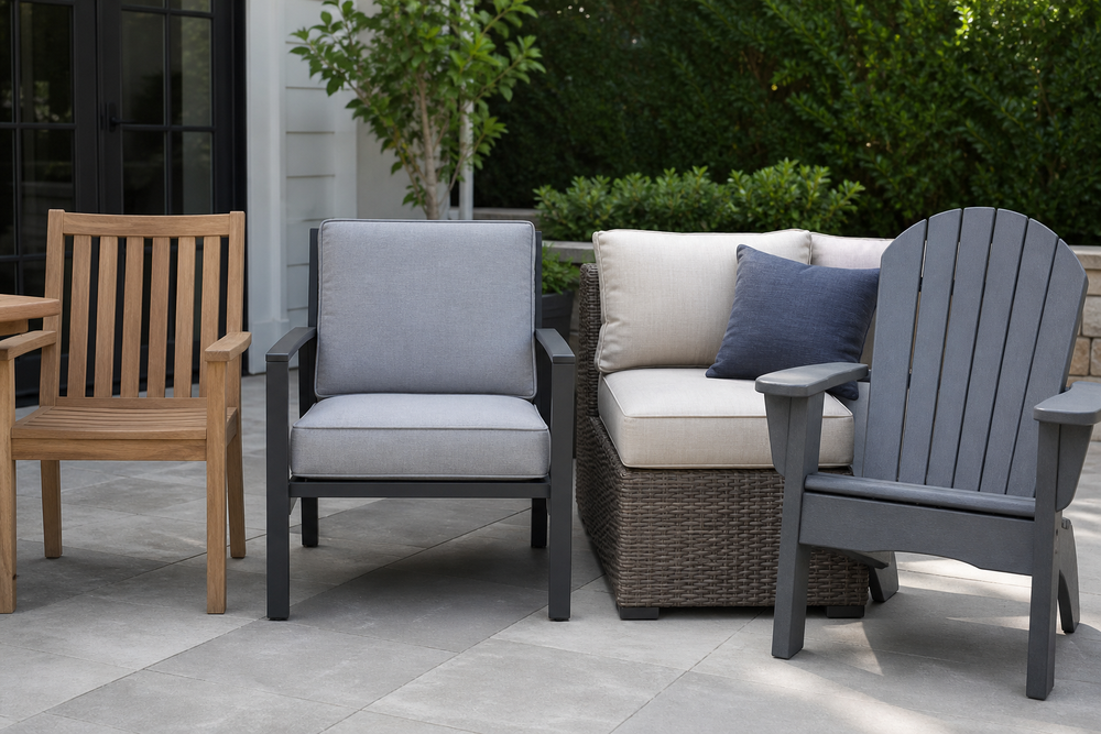 Outdoor patio with teak, aluminum, synthetic wicker, and HDPE resin furniture displayed together.