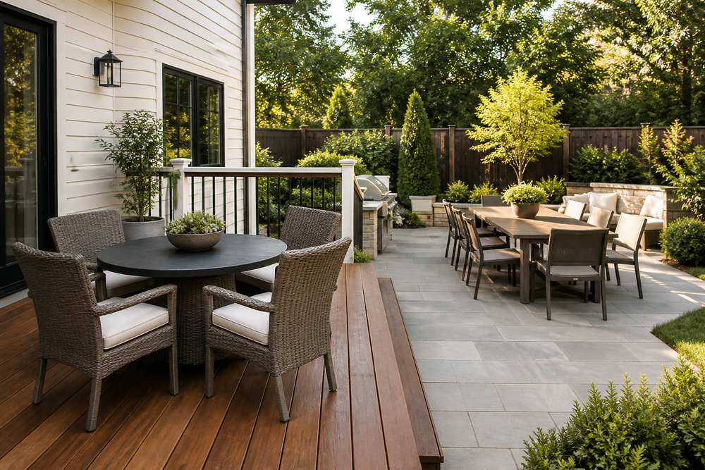 Patio table and chair sets on a backyard patio and adjacent deck