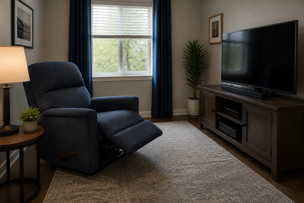 Compact recliner chair slightly reclined in a small TV room with a footrest extended