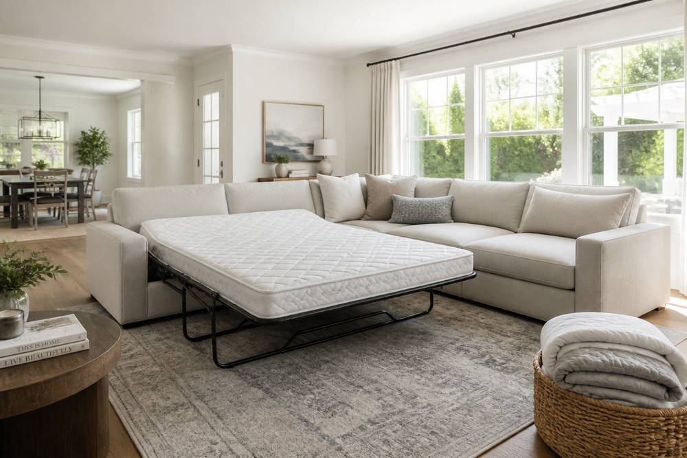 Modern sleeper sectional in a family room set up for seating and guest sleeping