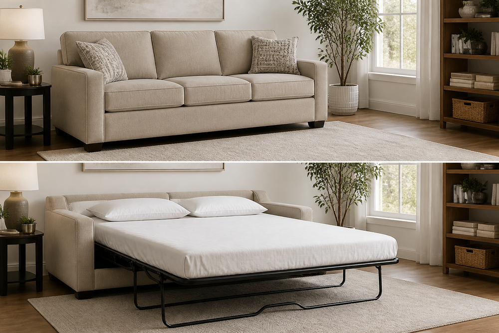 Sleeper sofa in a living room shown as a sofa and as an open bed