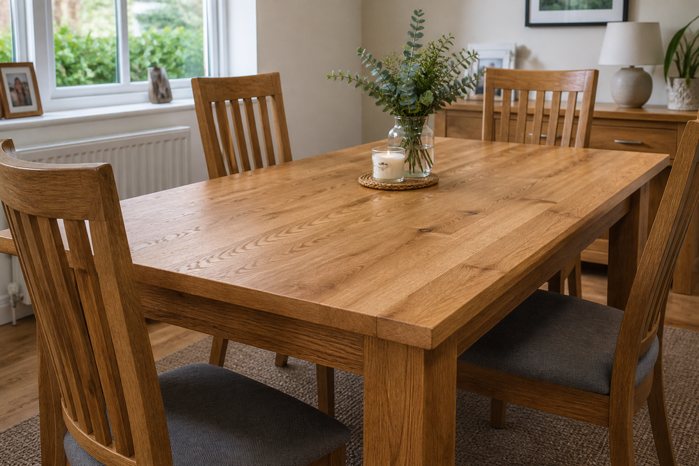 Solid oak dining table with chairs in a bright dining room