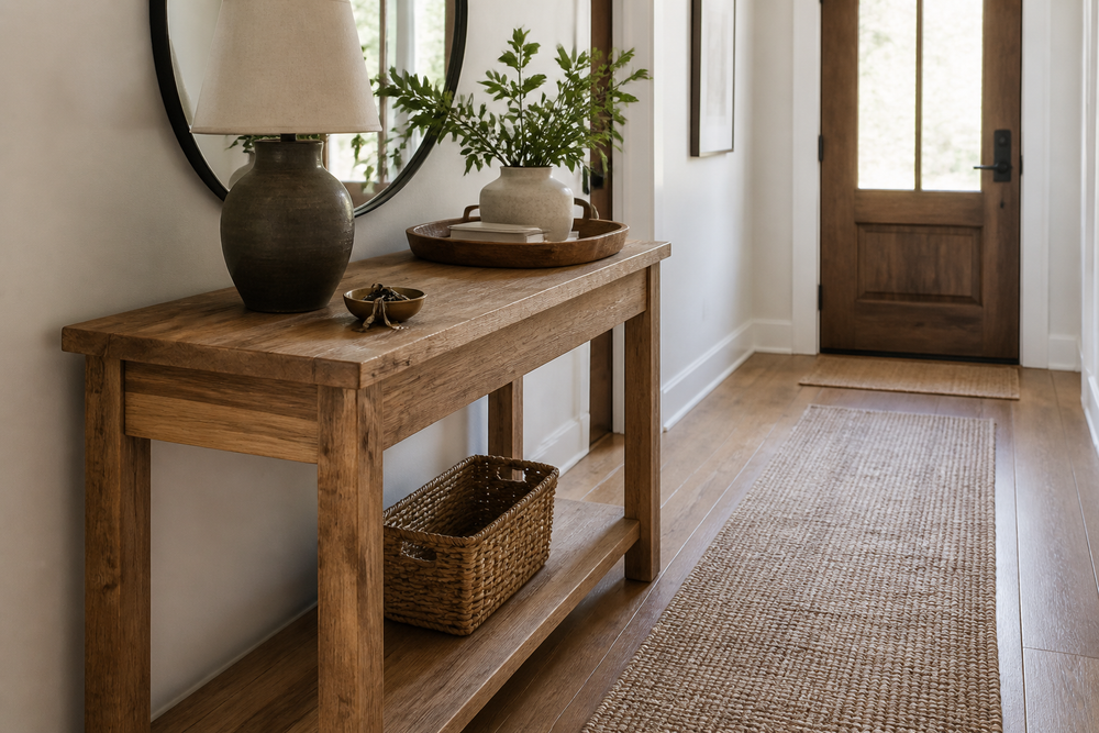 Solid wood console table in a home entryway with a lamp and tray on top