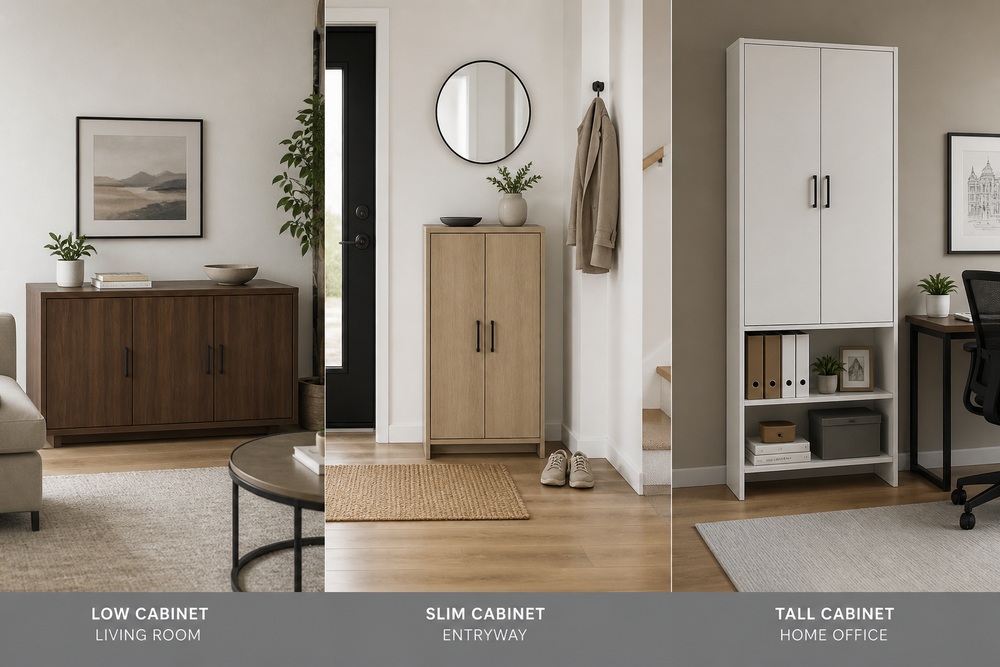 Three storage cabinets shown in a living room, entryway, and home office.