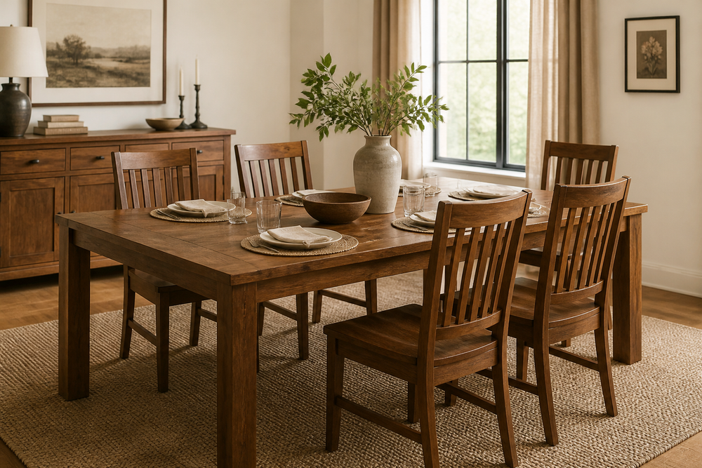 Wood rectangular dining table with matching chairs in a bright dining room