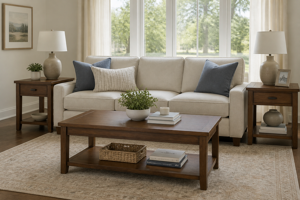 Living room with a rectangular coffee table and two coordinated end tables beside a sofa