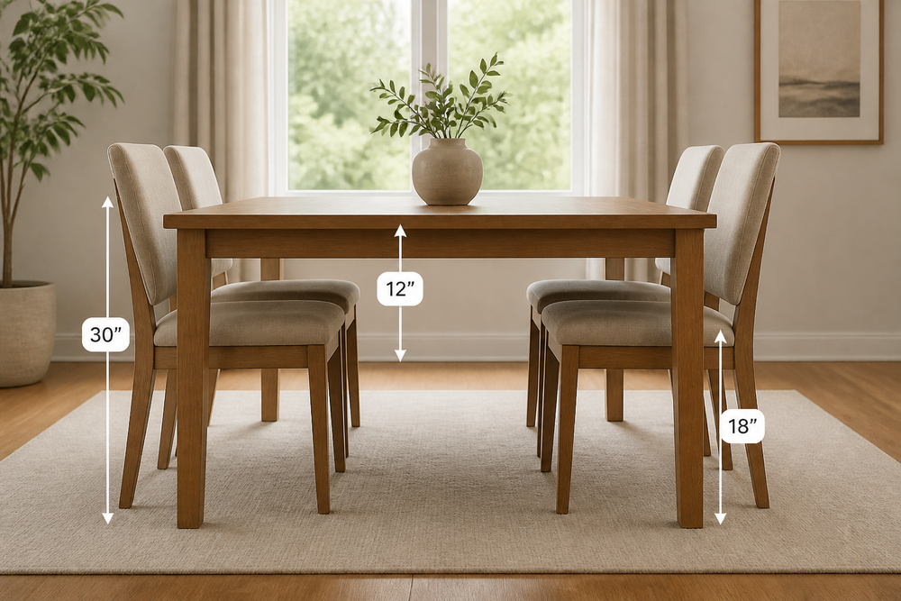 Dining table and chairs with measurement labels showing seat height, tabletop height, and leg clearance.