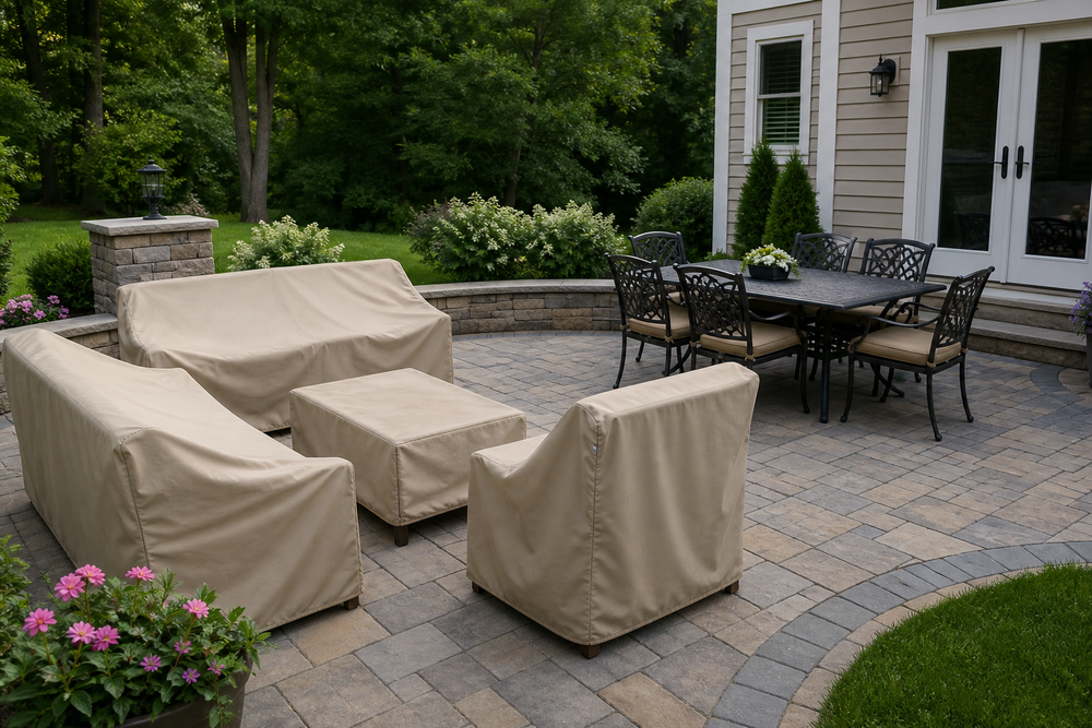 Outdoor patio furniture with one covered seating group and one uncovered seating group