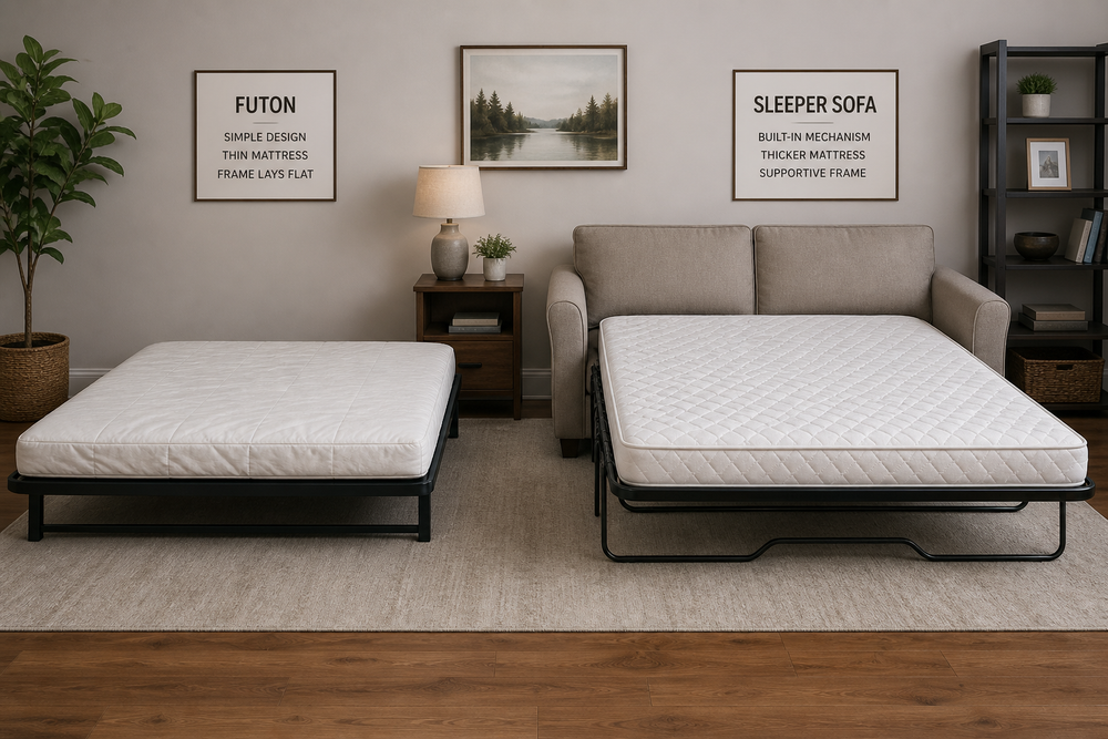 A futon folded flat next to a sleeper sofa with a pull-out mattress extended in a living room.