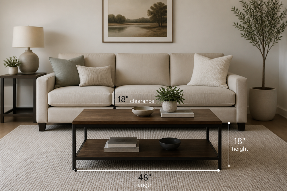 Living room with a sofa and a properly sized coffee table showing length, height, and spacing proportions