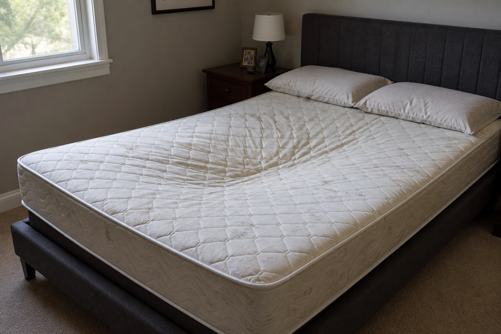 Mattress on a bed with visible sagging in the center.