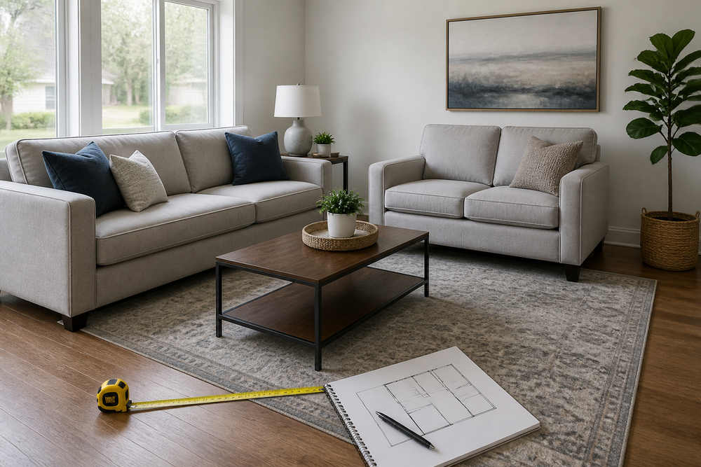 Living room with sofa, loveseat, coffee table, and measuring tape laid out on the floor