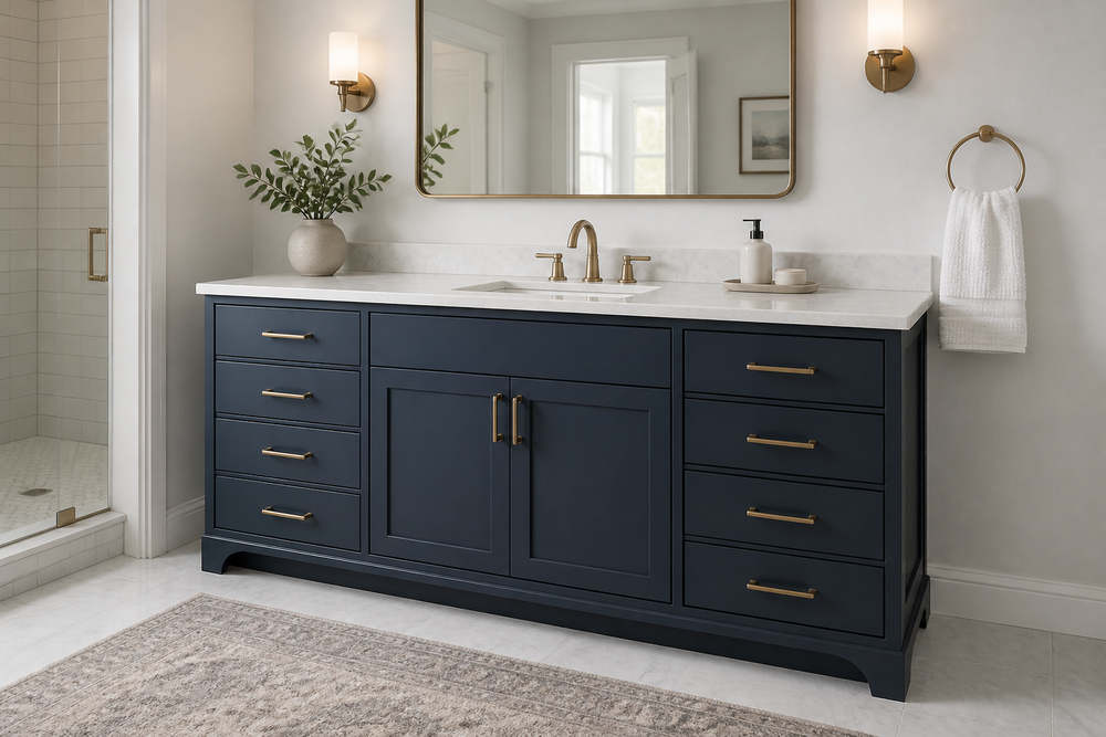 Bathroom vanity with drawers, cabinet storage, sink, and countertop in a modern bathroom.