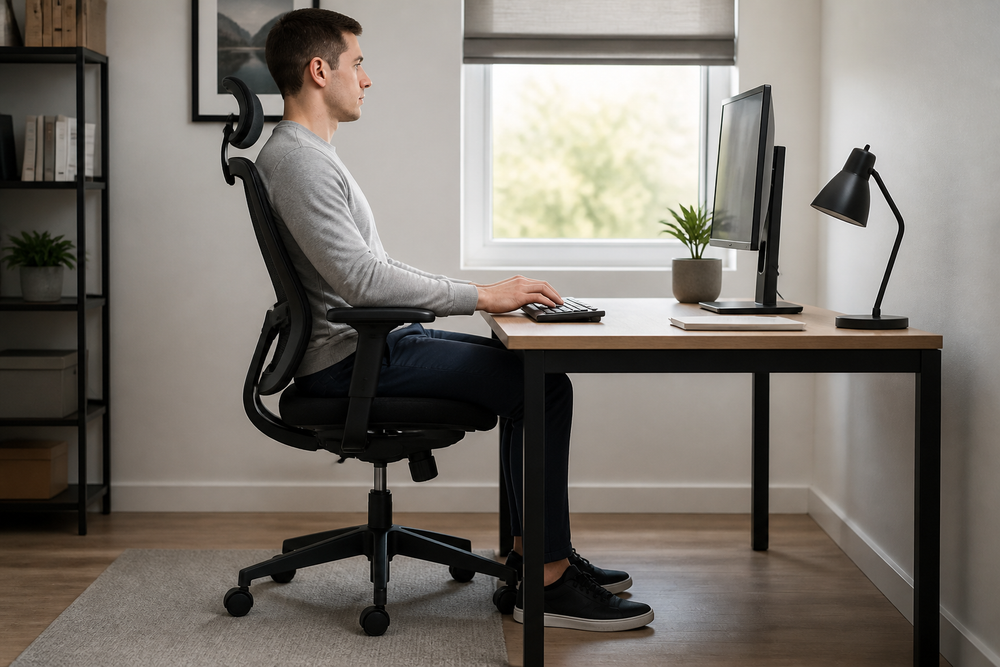 Person seated in an ergonomic office chair with feet flat on the floor and arms aligned with a desk.