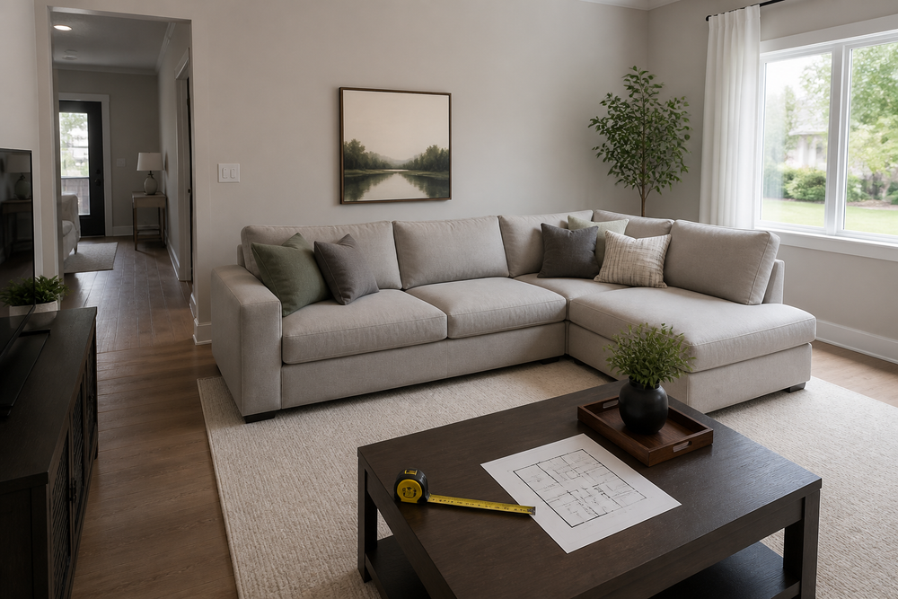 Living room with a sectional sofa sized to fit the space and clear walkways around it