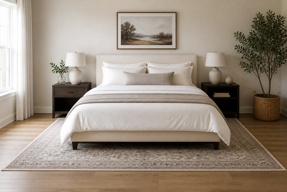 Bed centered on a large area rug that extends beyond both sides and the foot of the bed