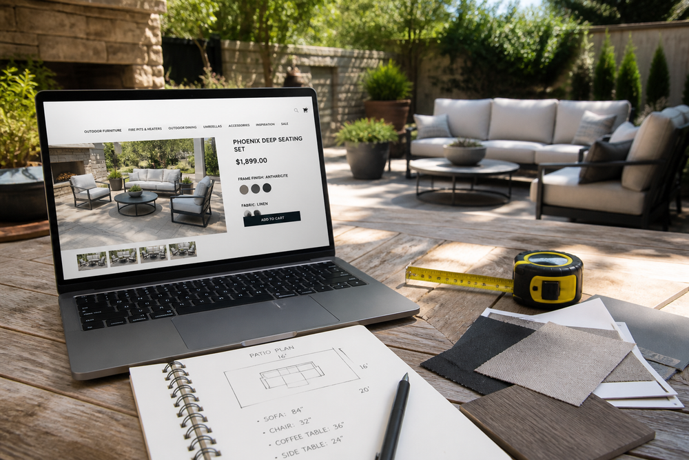 Laptop showing patio furniture shopping next to a tape measure and notes on an outdoor patio table